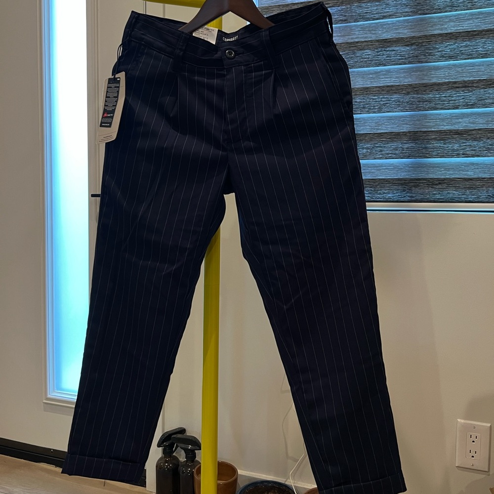 Blue/white Carhatt WIP striped trousers